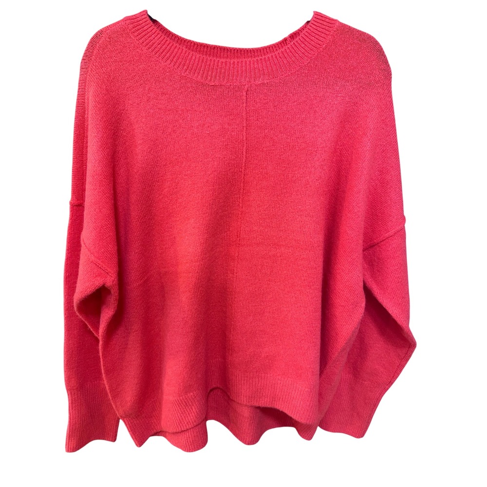 Vince Camuto Women Pink Oversized Crewneck Knit Sweater Large Coral High Low Hem